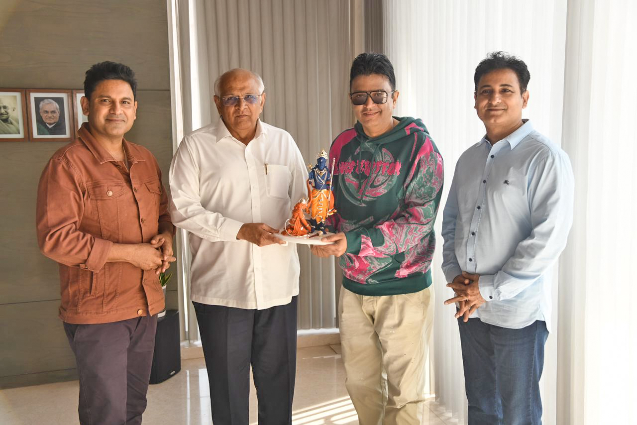 A Week Before Adipurush’s Release Producers Bhushan Kumar, Shiv Chanana, & Lyricist Manoj Muntashir Meet Gujarat CM Bhupendra Patel
